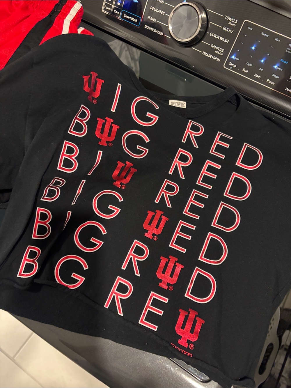 PINK Victoria's Secret Black Crop Top with Red IU Repeat Graphic